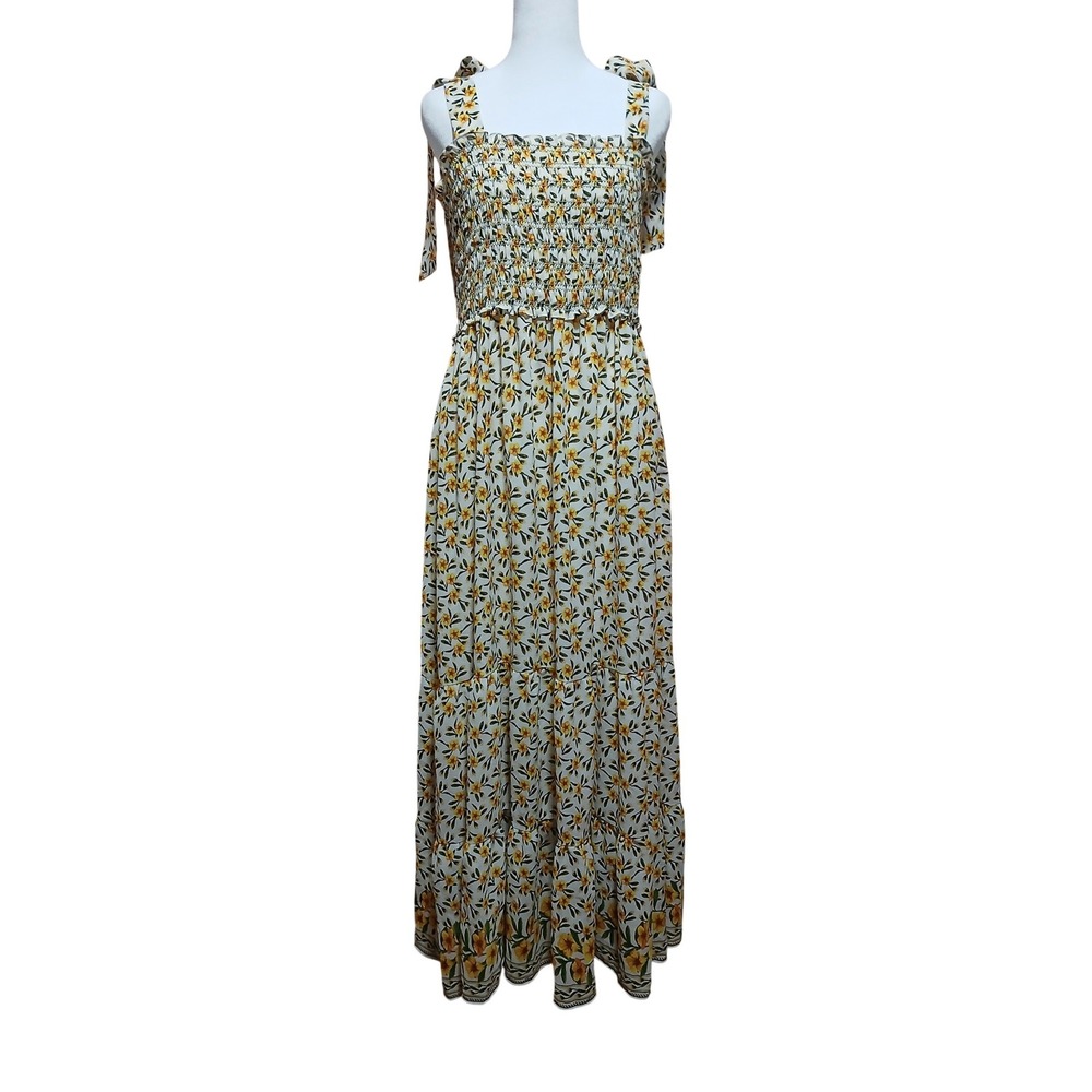 Max Studio London Floral Smocked Tiered Maxi Dress Yellow White XL Tie Shoulder‎